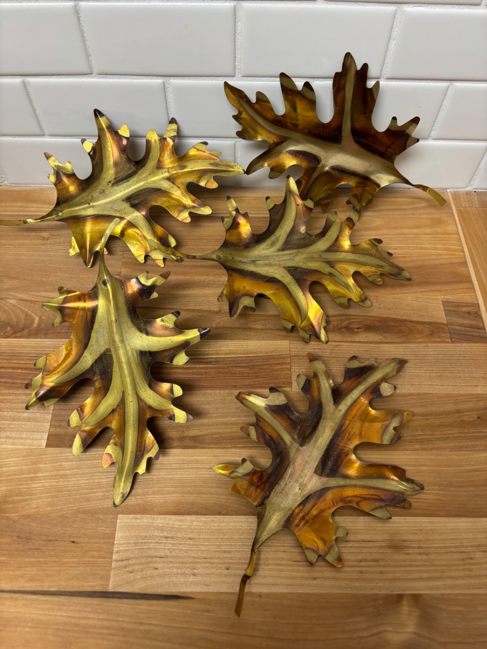 Metal Oak Leaf Wall Hanging Set of 5 Vintage MCM Hollywood Regency Autumn Wall Decor