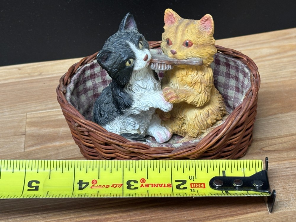 Living Stone Cat Figurine Kittens with Brush in Wicker Basket Vintage