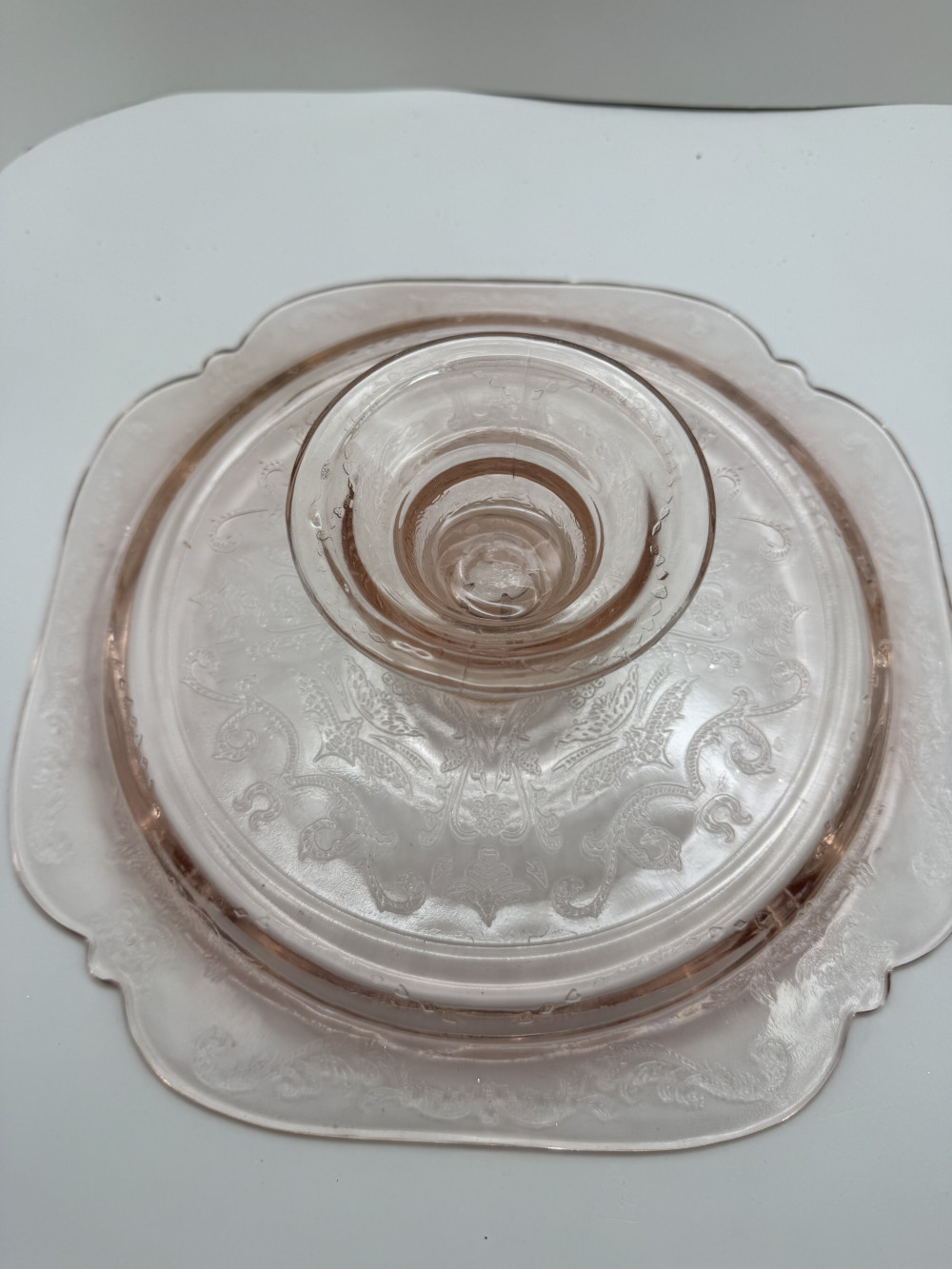 PINK DEPRESSION  GLASS FOOTED CAKE PLATE