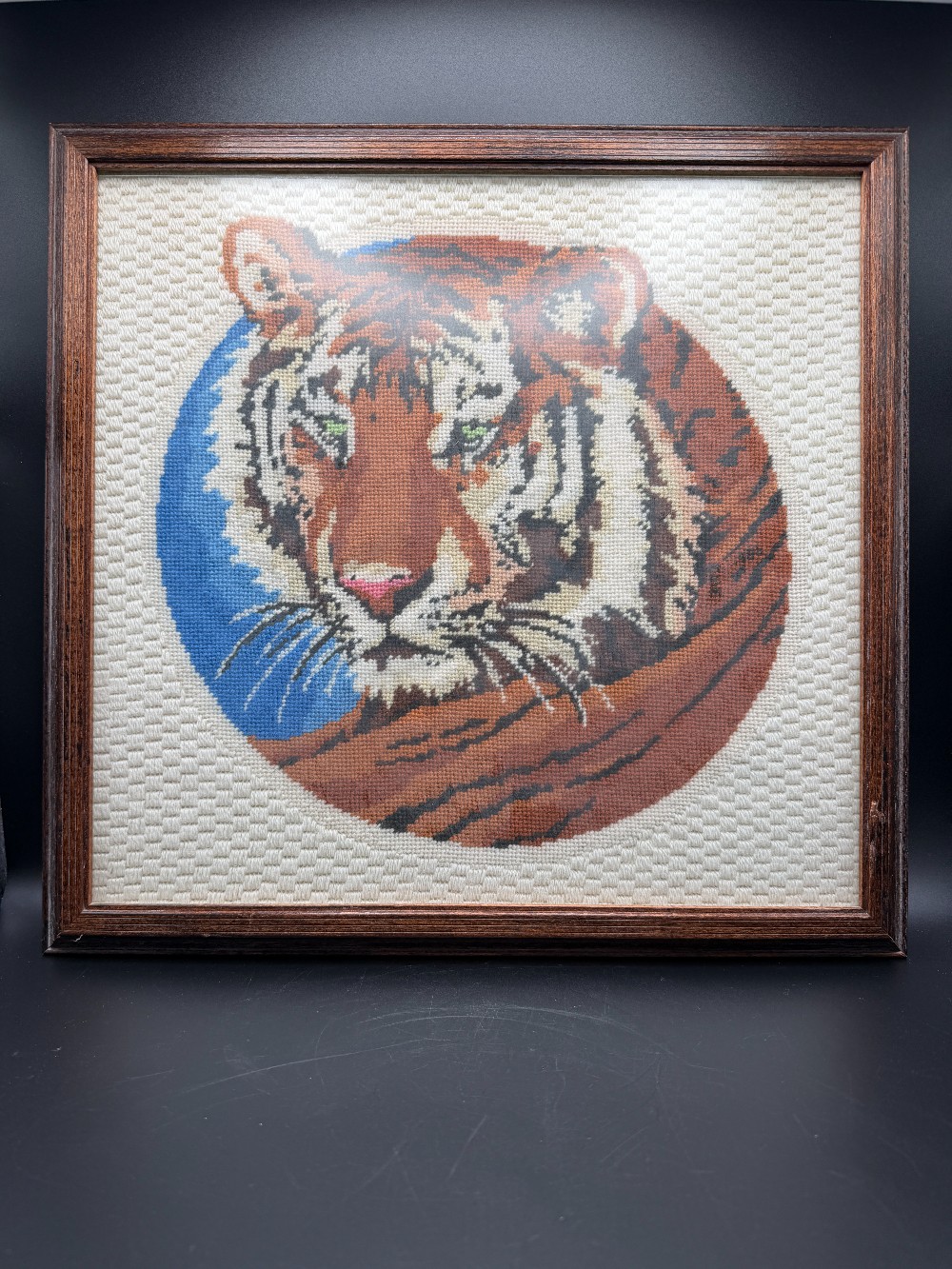 Vintage 1970s Tiger Needlepoint Framed Wall Art – Hand-Stitched Retro Boho Wildlife Textile Decor