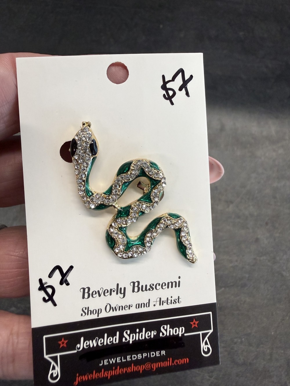 Brooch Pin - Snake, Serpent in Gold Green Rhinestones
