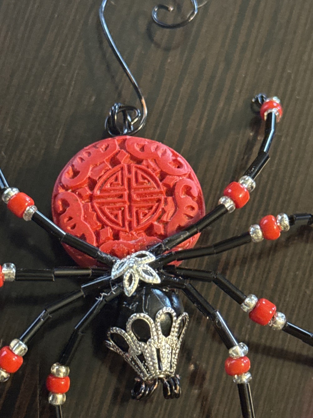 Spider Ornament - Red and Black w Dangling Jewel