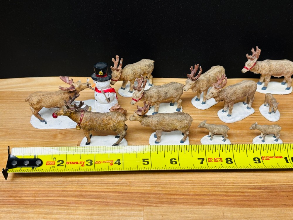 Christmas Village Miniature Reindeer Figurines with Snowman 11 Piece Set
