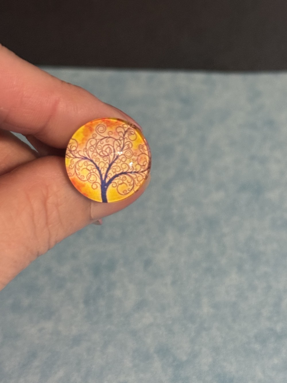 Adjustable Ring - Tree of Life Black Swirls Orange Yellow Background