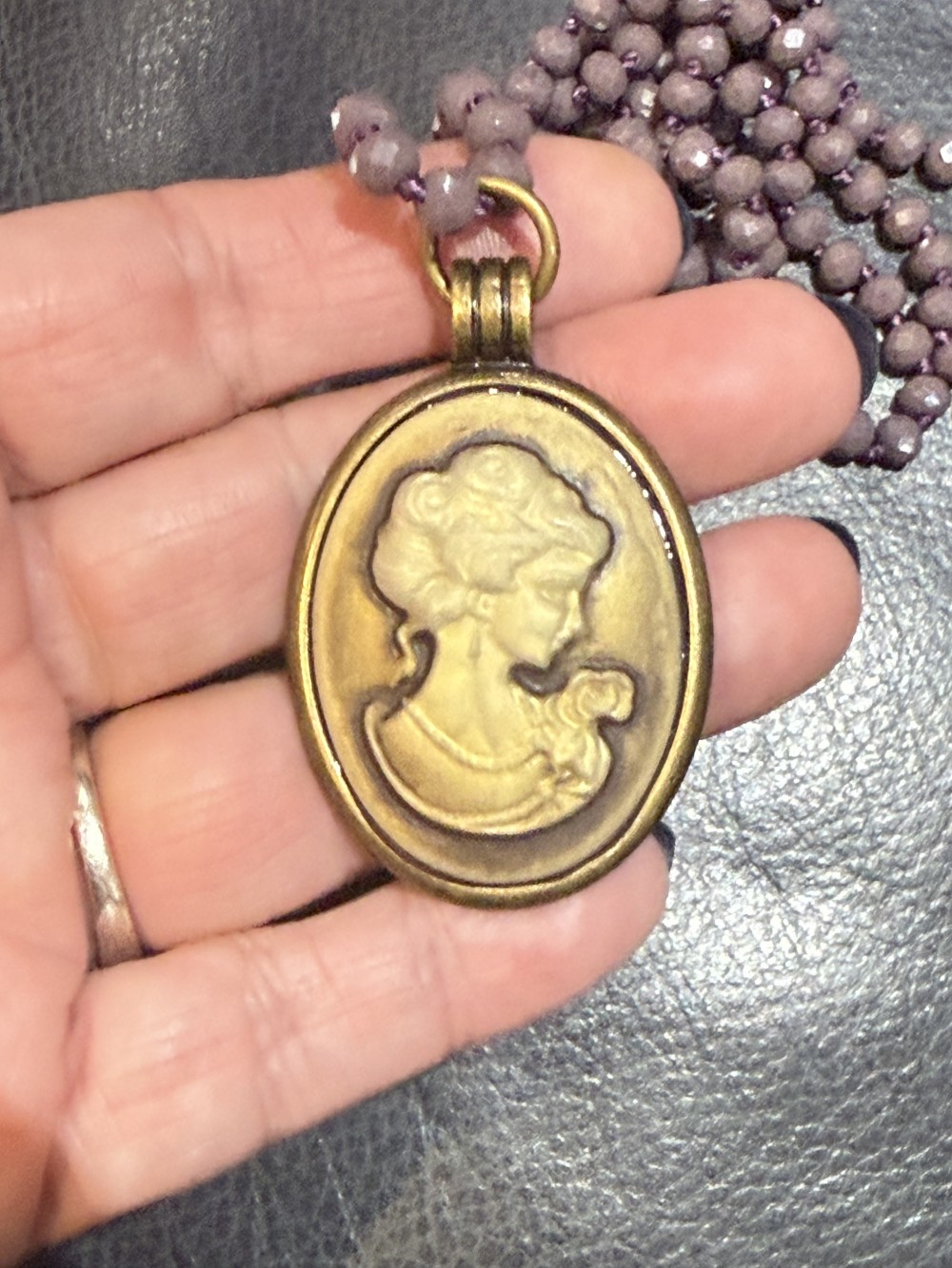 Pendant Necklace-Female Cameo on Purple Beaded Chain