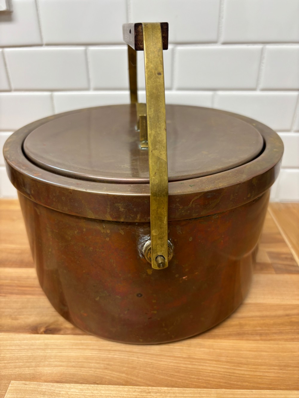 Ice Bucket Italian Copper Wood Handle Aluminum Liner Hollywood Regency MCM