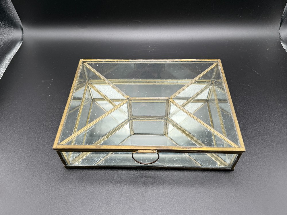 Brass and Glass Geometric Jewelry Casket Box with Mirrored Base