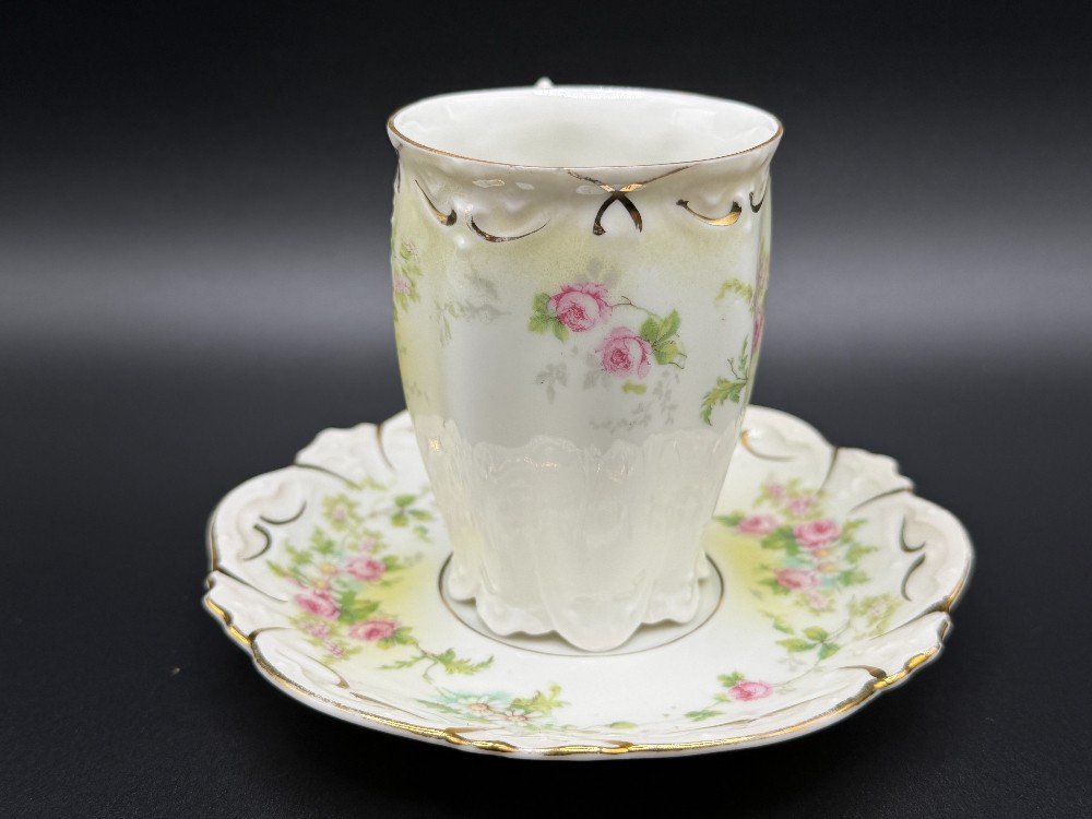 Antique M.Z. Austria Porcelain Scalloped Cocoa Mug and Saucer Set - Pink Rose & Gold Gilt - c. 1884-1909