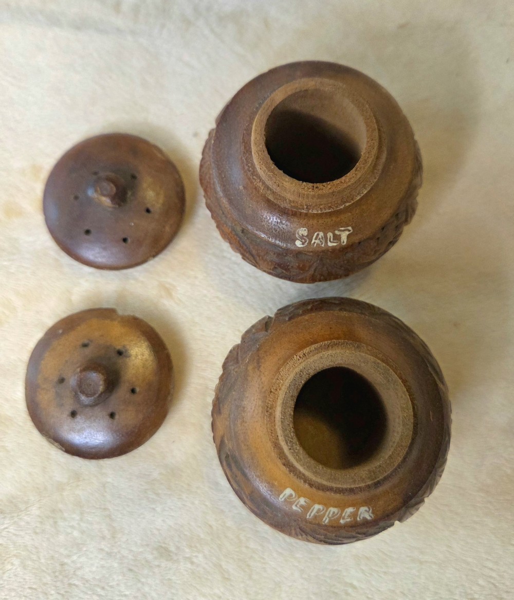 VTG Monkeypod Tree Shops Wood Handcarved S&P Shaker Set