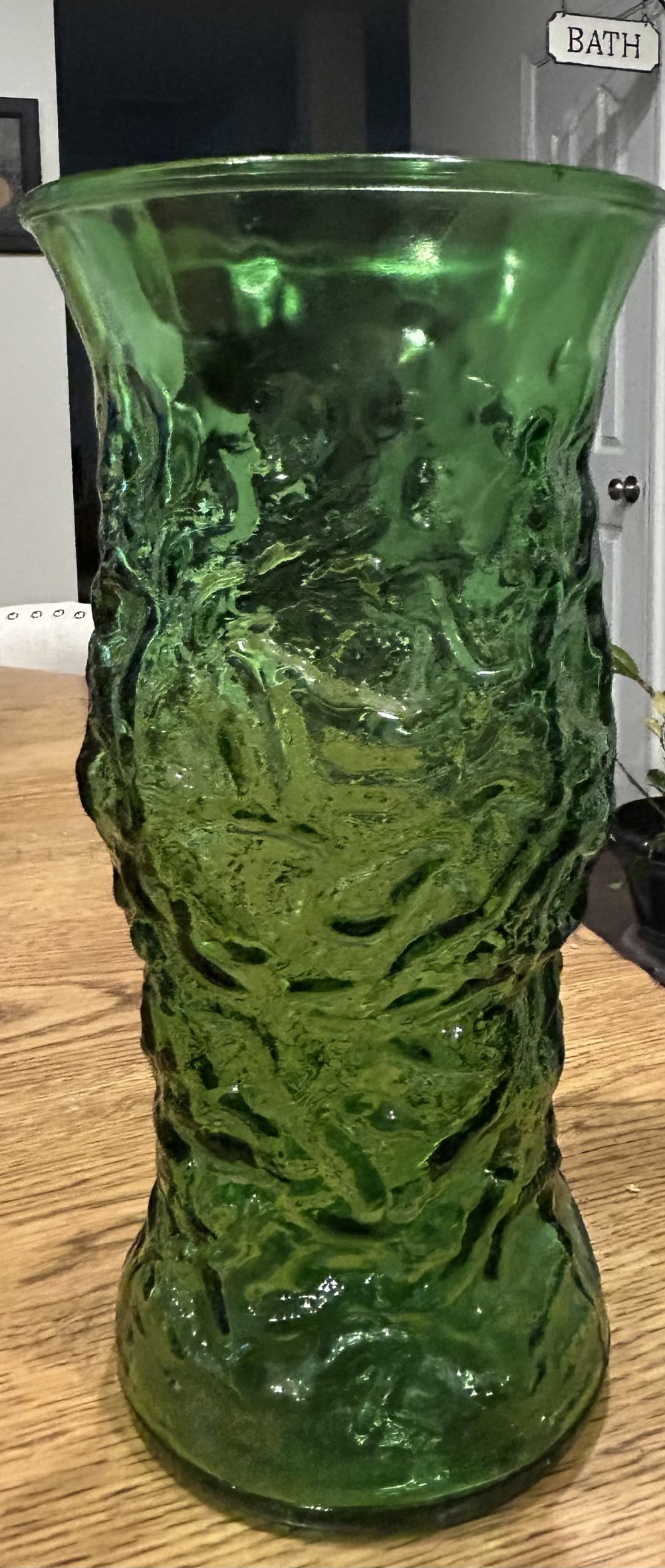 Vintage Green Crinkle Glass Vase 9.5