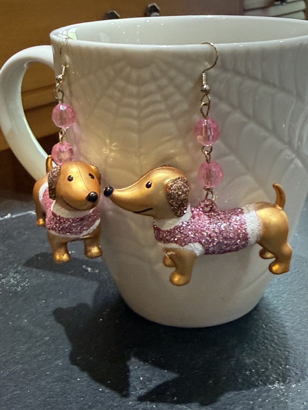 Earrings - Dachshund in Pale Pink Glittered Sweater, Doxie, Dog