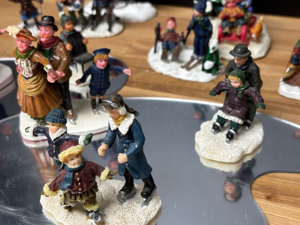 Christmas Village People Winter Activities Ice Skating Sledding Figurines 13 Piece Lot