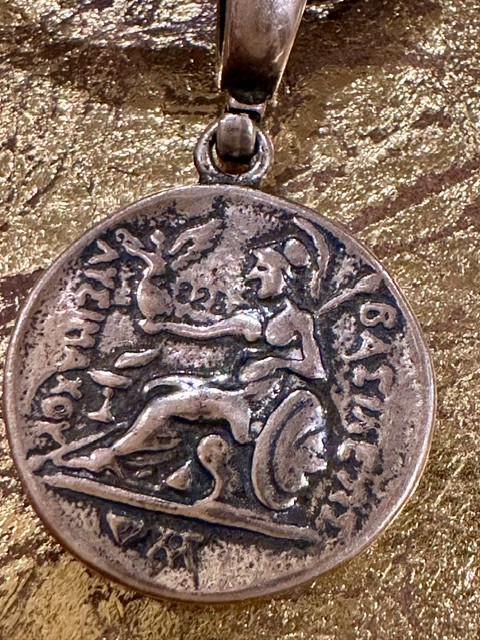 925 Sterling pendant replica ancient Greek Tetradrachin coin. Goddess Athen on reverse. Adj dark leather cord.