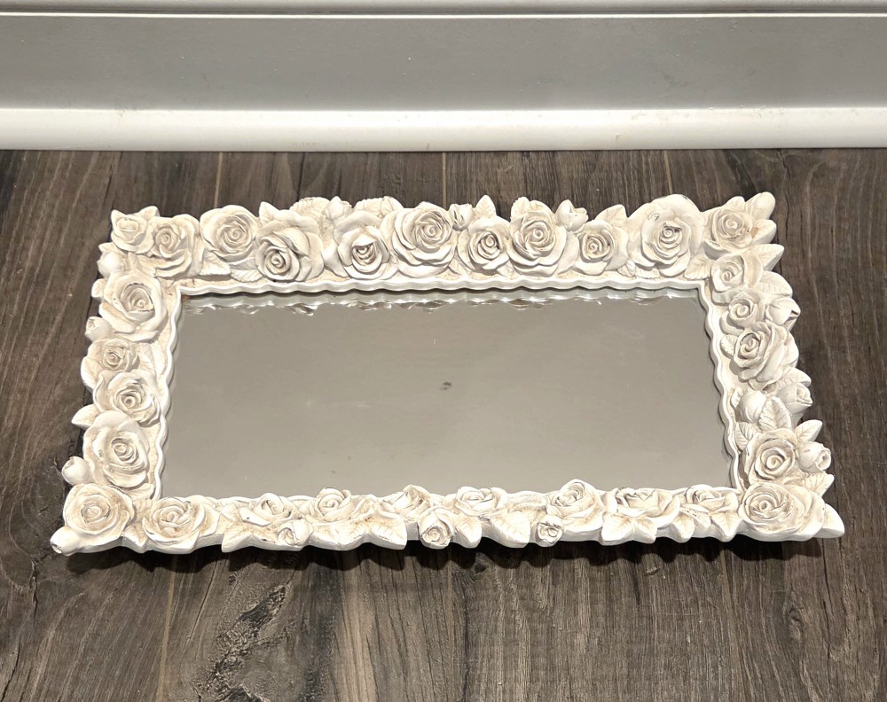 VTG White Roses Mirror  Vanity Tray