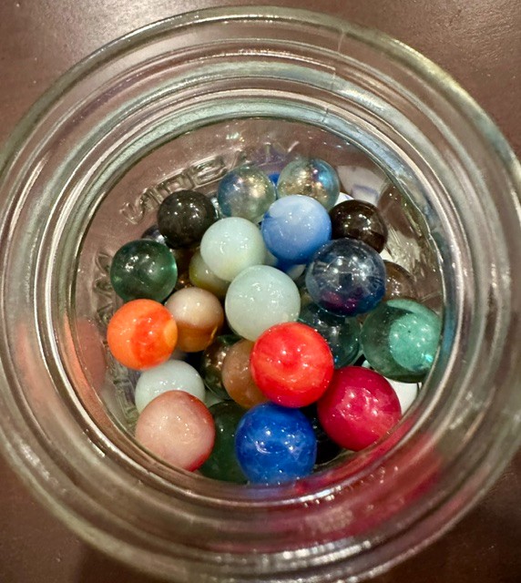 Vtg Glass Marbles in Jar 40 ct