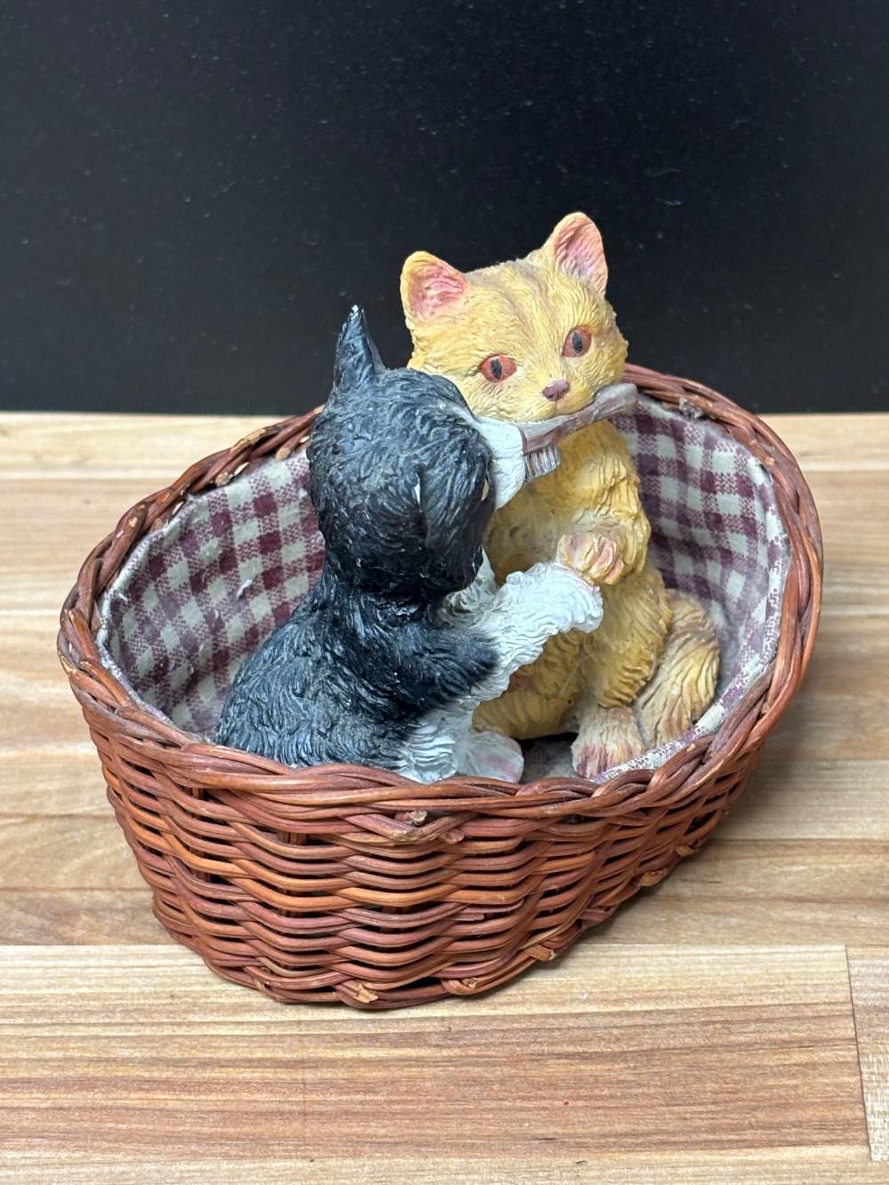 Living Stone Cat Figurine Kittens with Brush in Wicker Basket Vintage