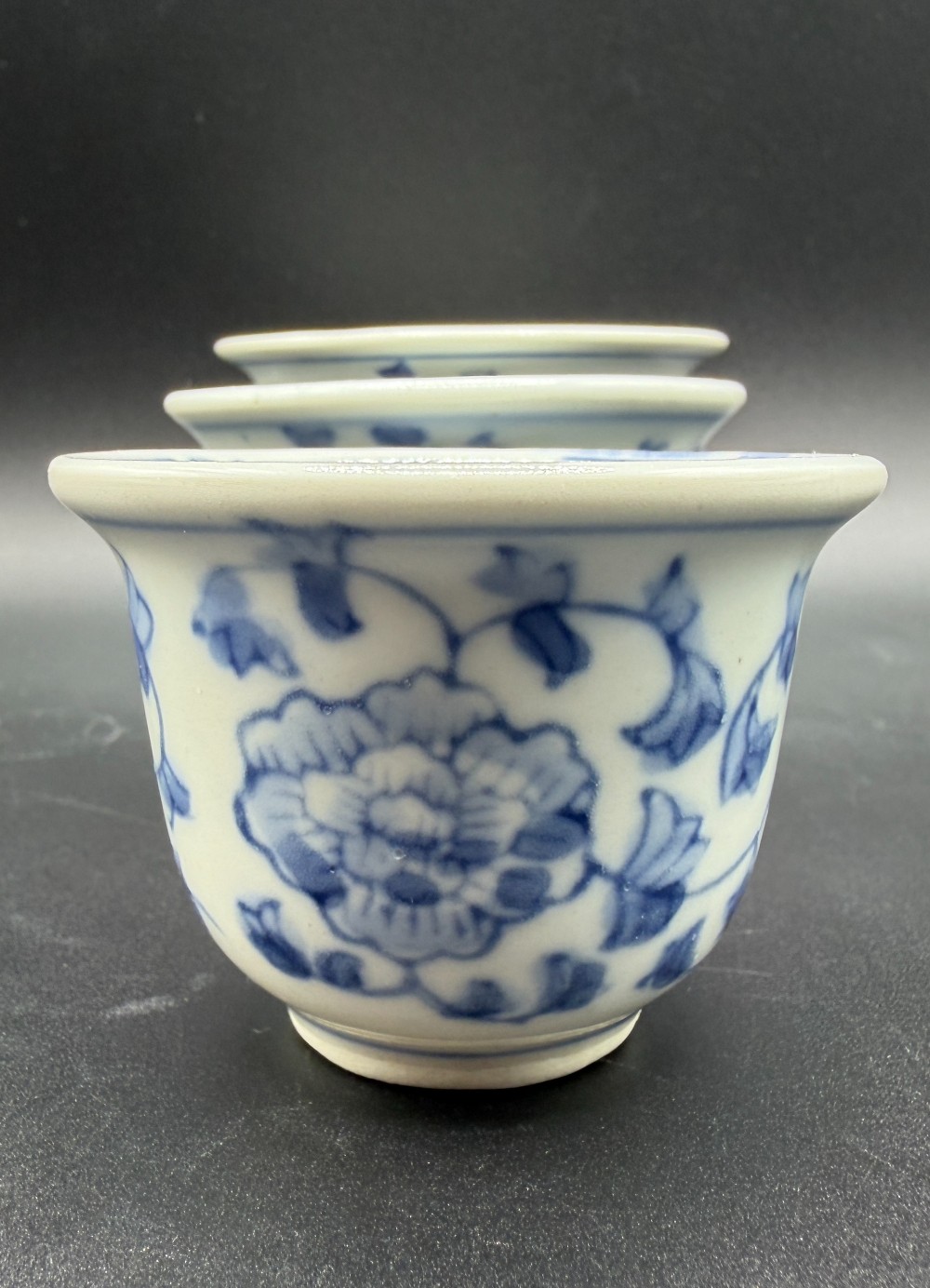 Chinese Blue and White Porcelain Nesting Planters Set - Mini Peony Bonsai Flower Pots Trio