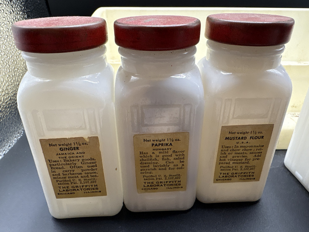 Griffiths Milk Glass 12 Spice Jars With Rack - Vintage
