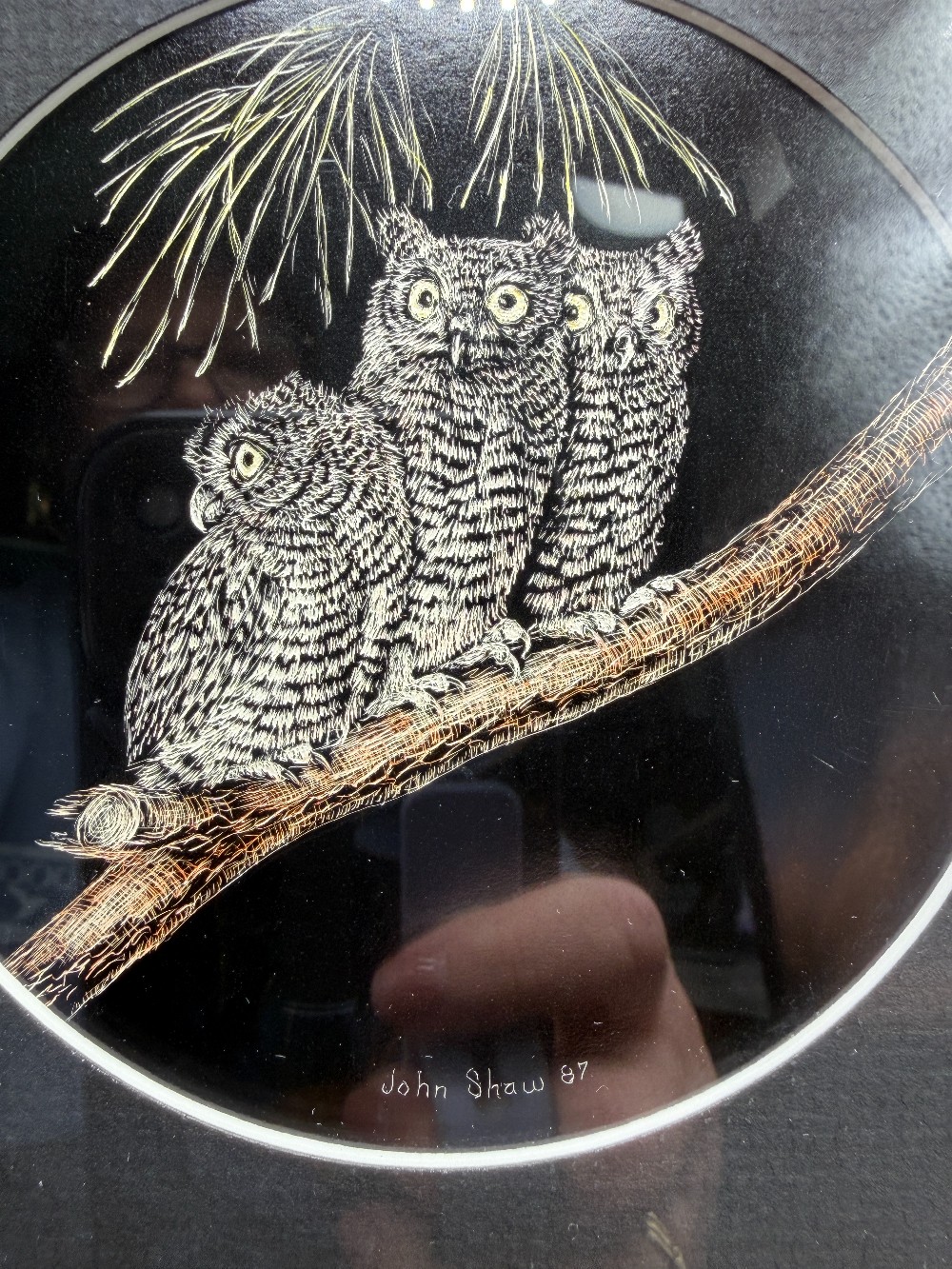 Vintage 1967 Original Owl Family Scratchboard Art by John Shaw – Framed Wildlife Engraving