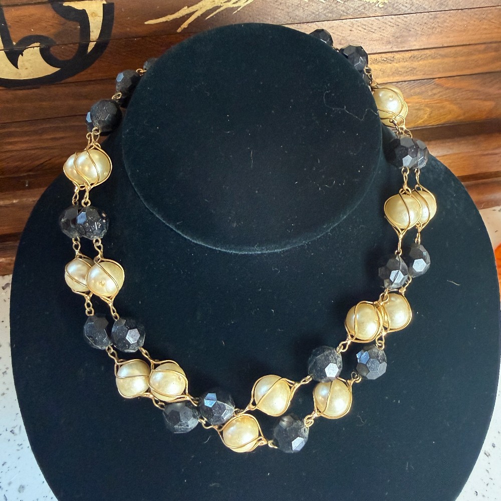 Vintage Black Glass And Caged Pearl Double Strand Necklace