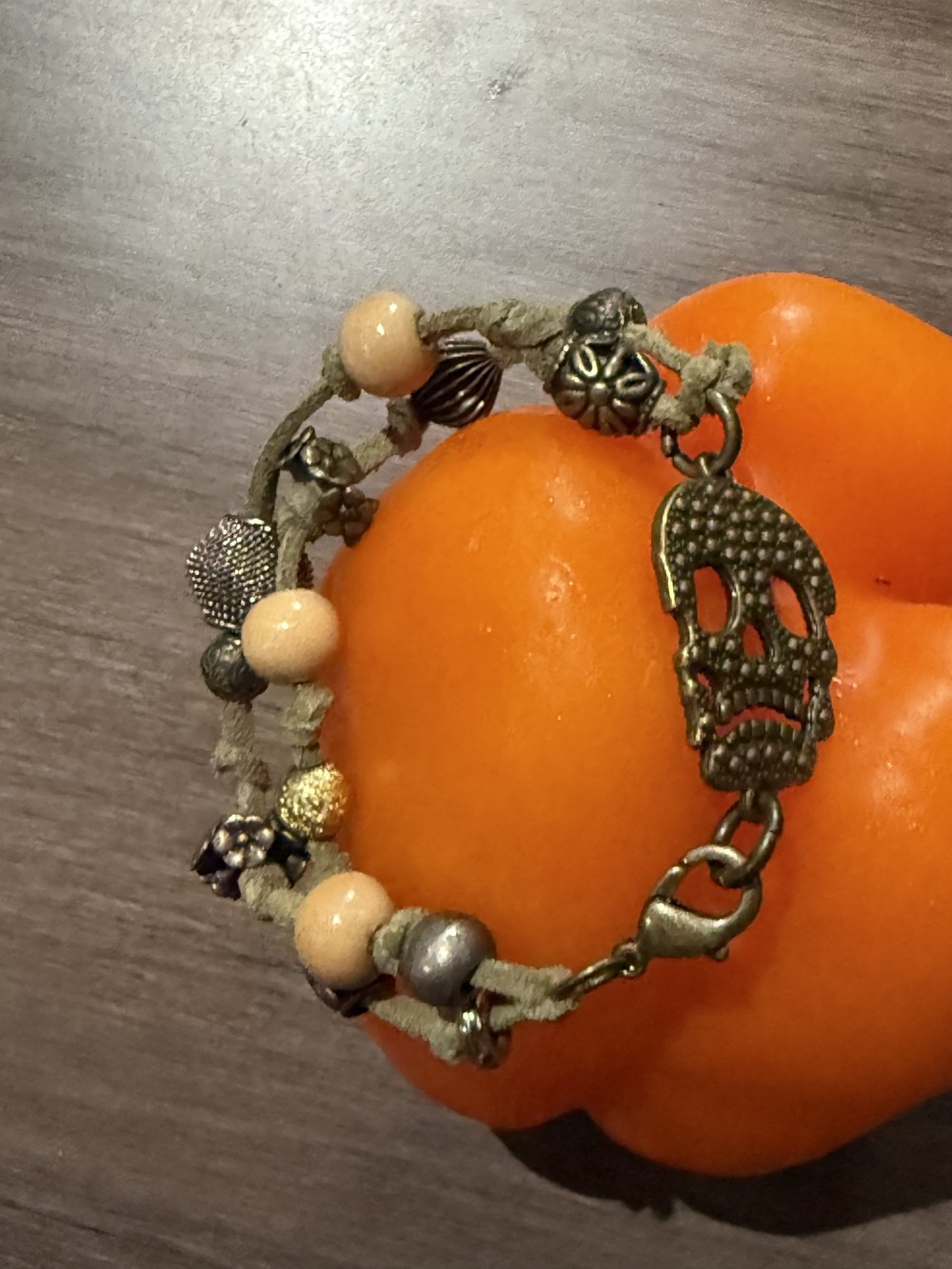 Bracelet - Bronze skull tan leather bead accents