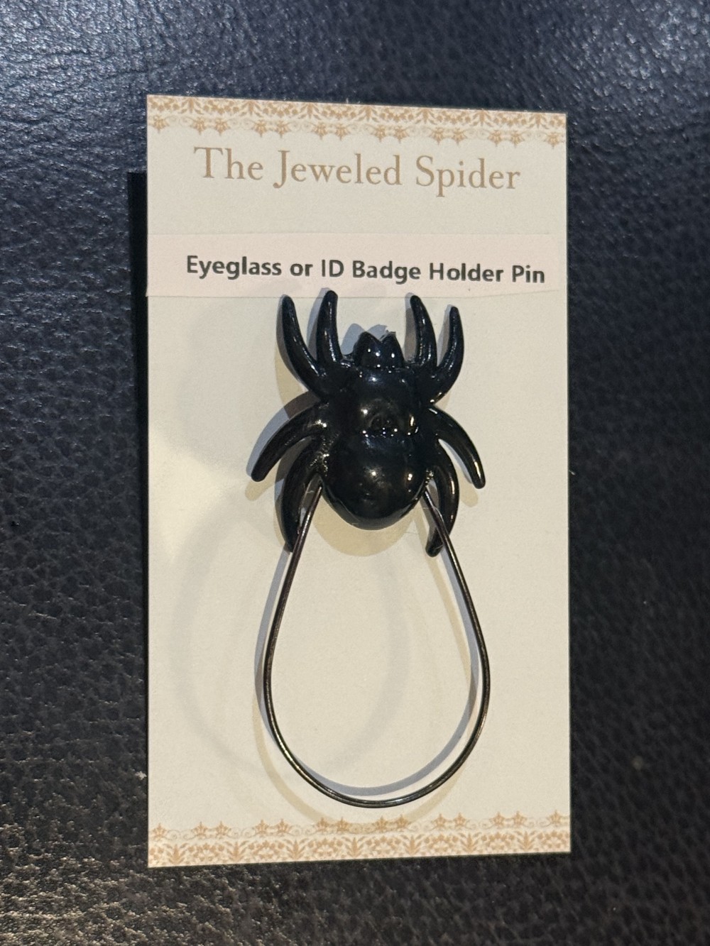 Eyeglass or ID Badge Holder Pin - Black Spider Tear Drop Loop