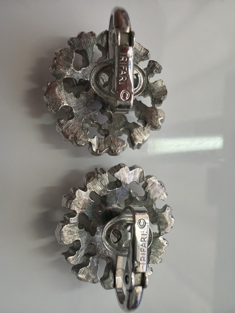 Vintage Crown Trifari Silver Tone Openwork Clip-On Earrings