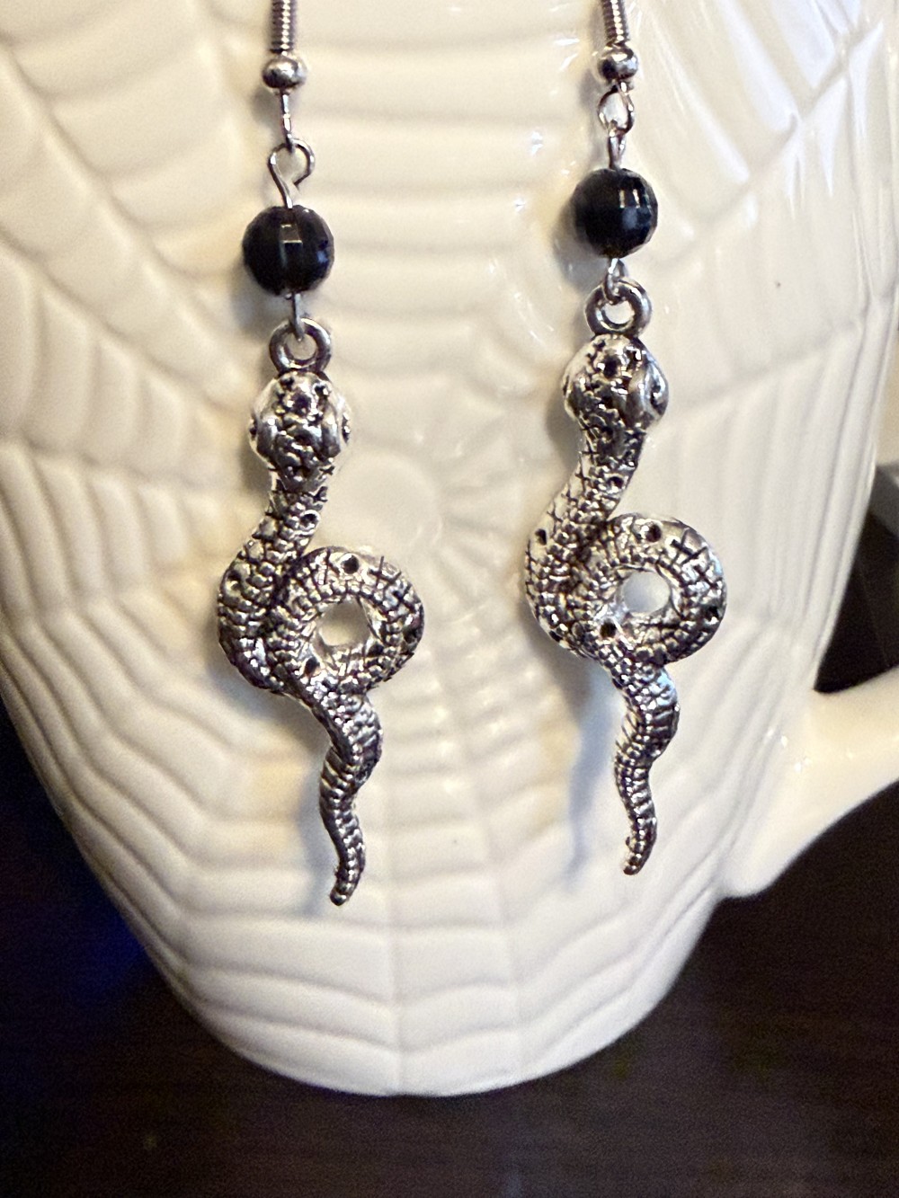 Earrings - Coiled Snake Black Bead Snake, Serpent, Snakes, Serpents