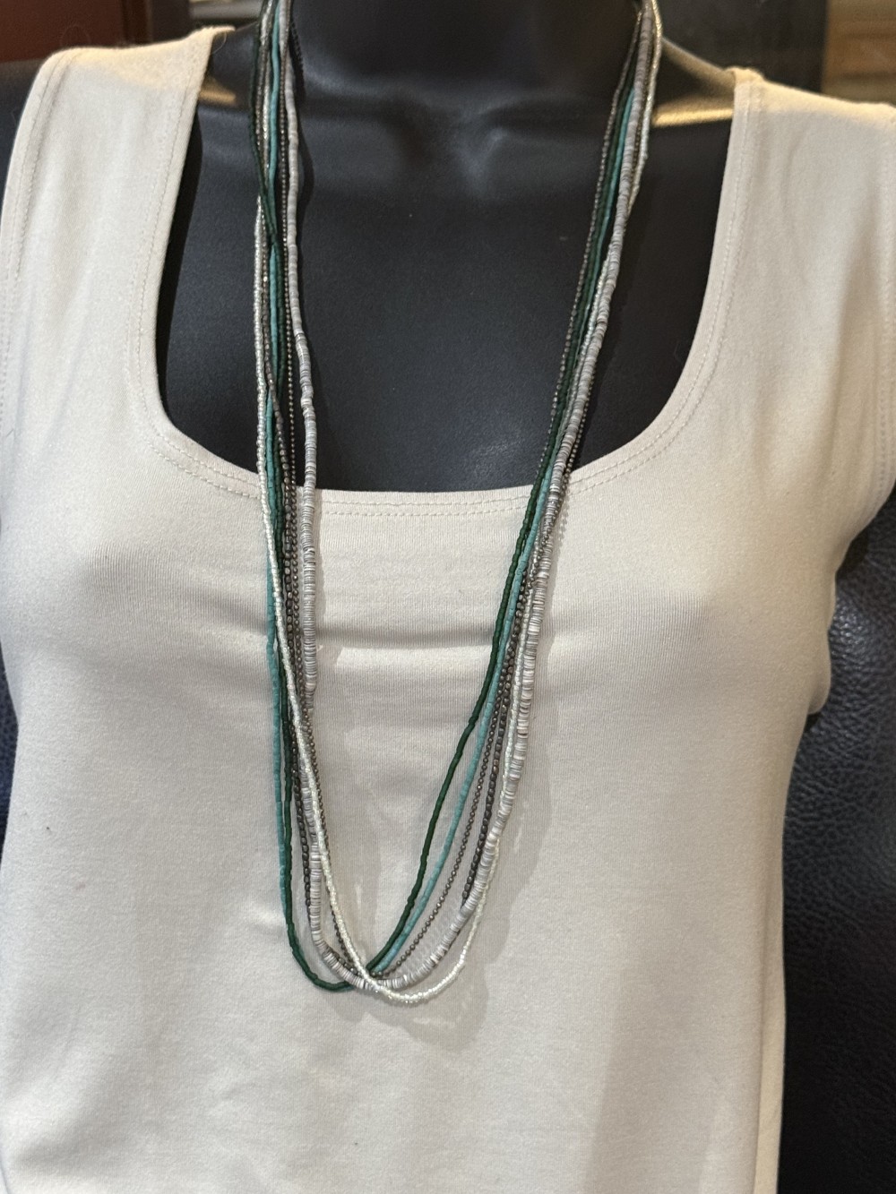 Necklace - Colorful Green and White Glass Beads