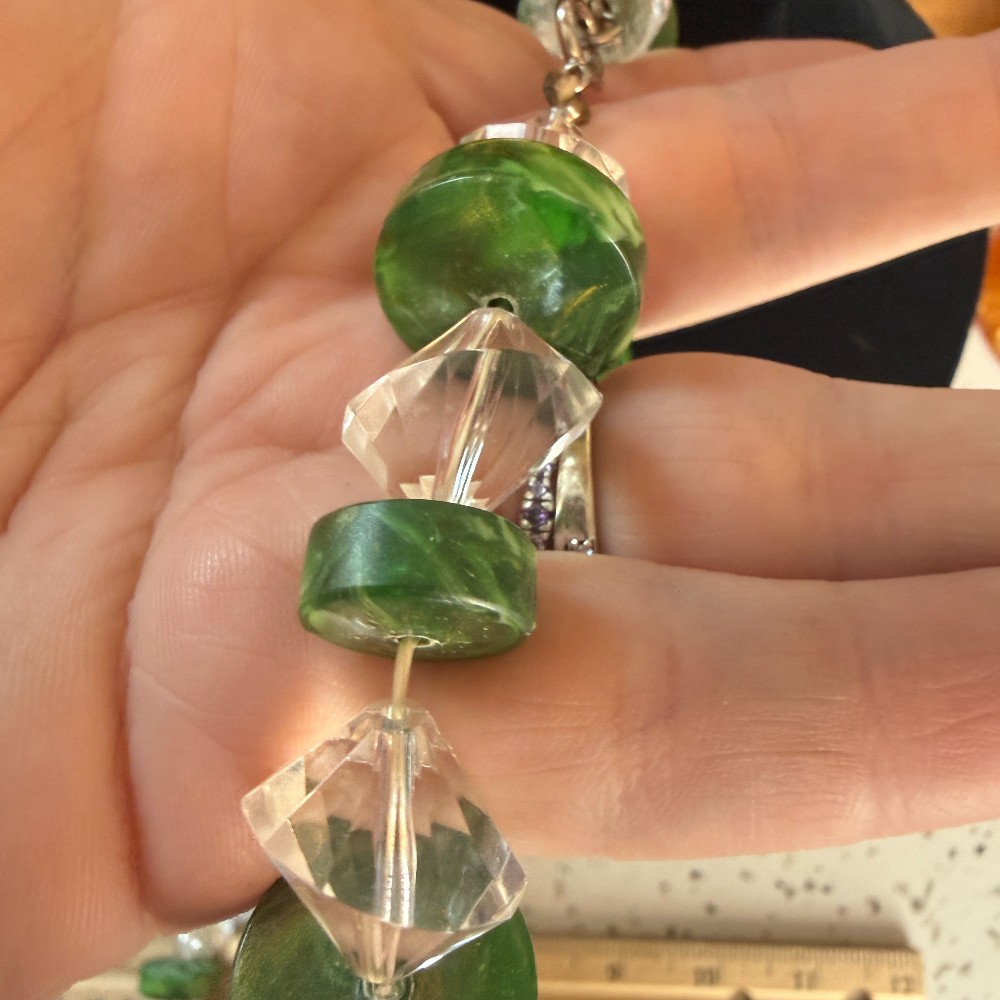 Vintage Green Marbled Bead and Crystal Long Flapper Necklace
