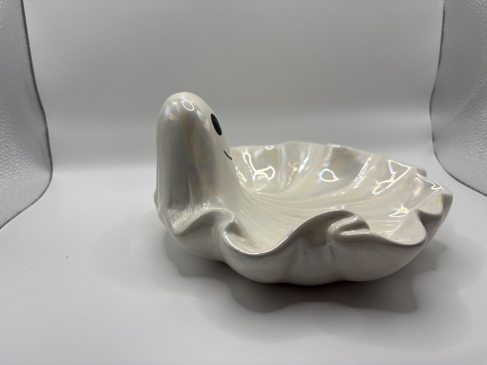 Ghost Halloween Iridescent Candy Dish Vintage 8 inch As-is