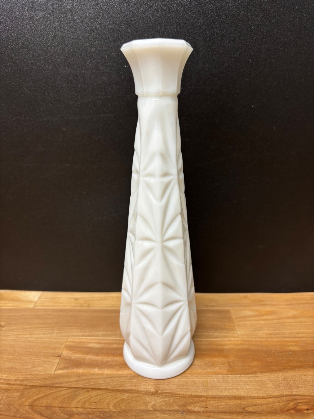 Milk Glass Bud Vase Starburst Pattern White 9 Inch Mid Century Vintage