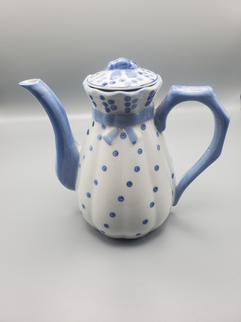 Vintage Blue and White Polka Dot Ceramic Teapot