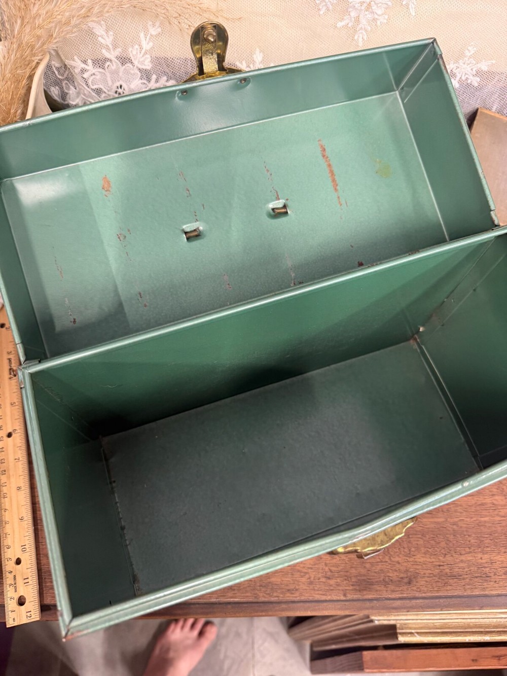 Green Metal File Box with Brass Latch and Handle
