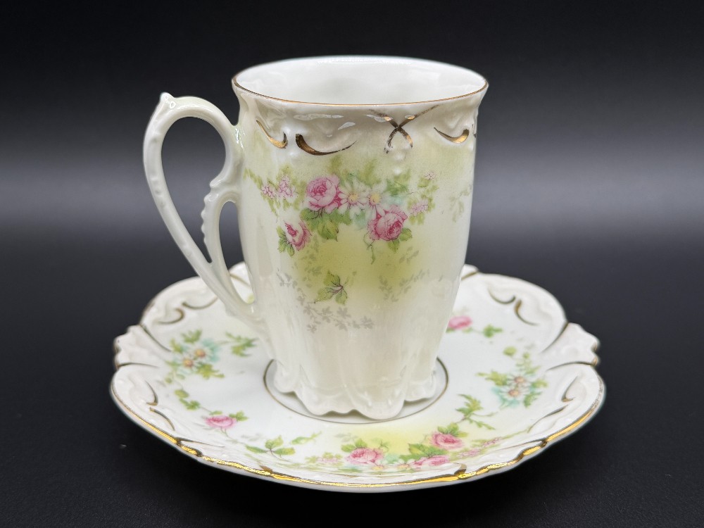 Antique M.Z. Austria Porcelain Scalloped Cocoa Mug and Saucer Set - Pink Rose & Gold Gilt - c. 1884-1909
