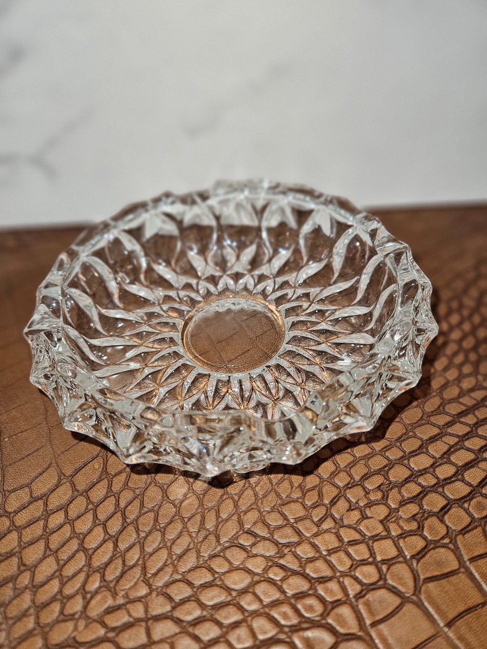 Vintage large round cut crystal glass ashtray
