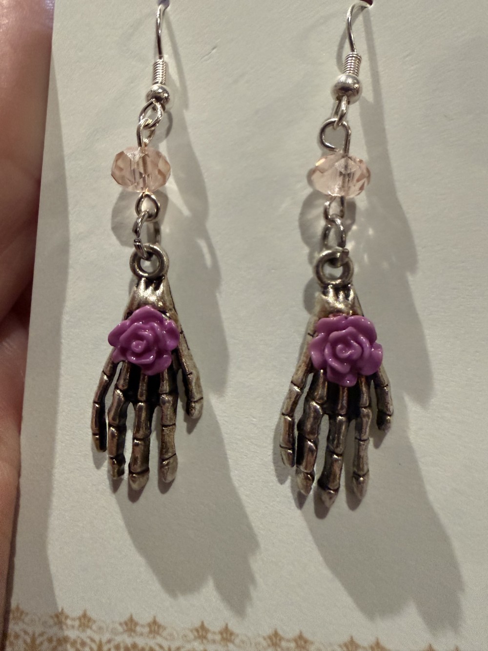 Earrings - Skeleton Hands Purple Rose