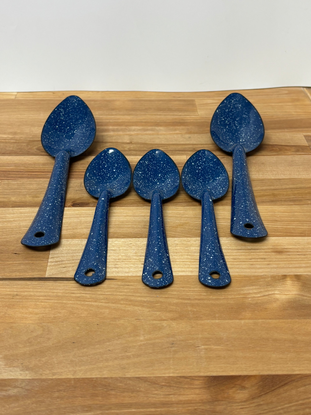 Blue Speckled Enamelware Vintage Spoon Set of 5 Graniteware Camping Utensils