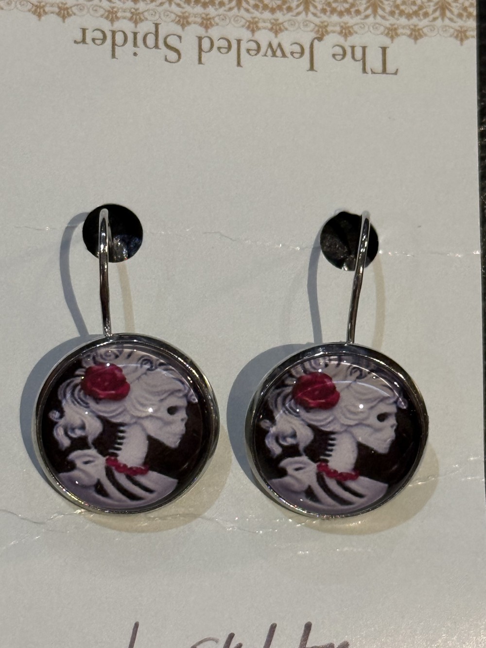 Earrings - Female Skull Profile w Rose Cameo Round, Day of the Dead