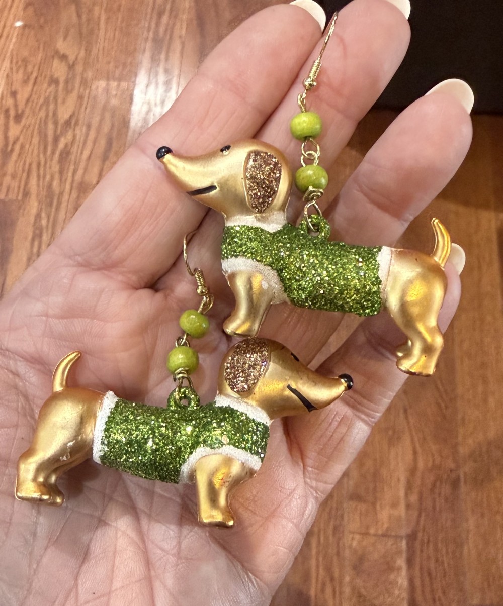 Earrings - Dachshund in Green Glittered Sweater, Doxie, Dog
