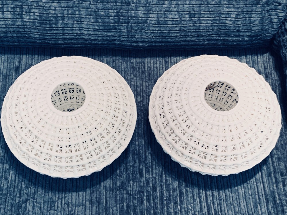 Vintage Diana Cyan Design Reticulated Porcelain  Vases / Bowls - Milk White Open Basket Weave Vases - set of 2 - see pics