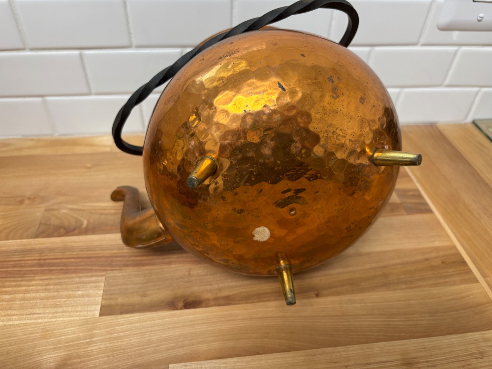 Copper Tea Kettle MCM Hammered Footed Wrought Iron Handle Vintage Unmarked