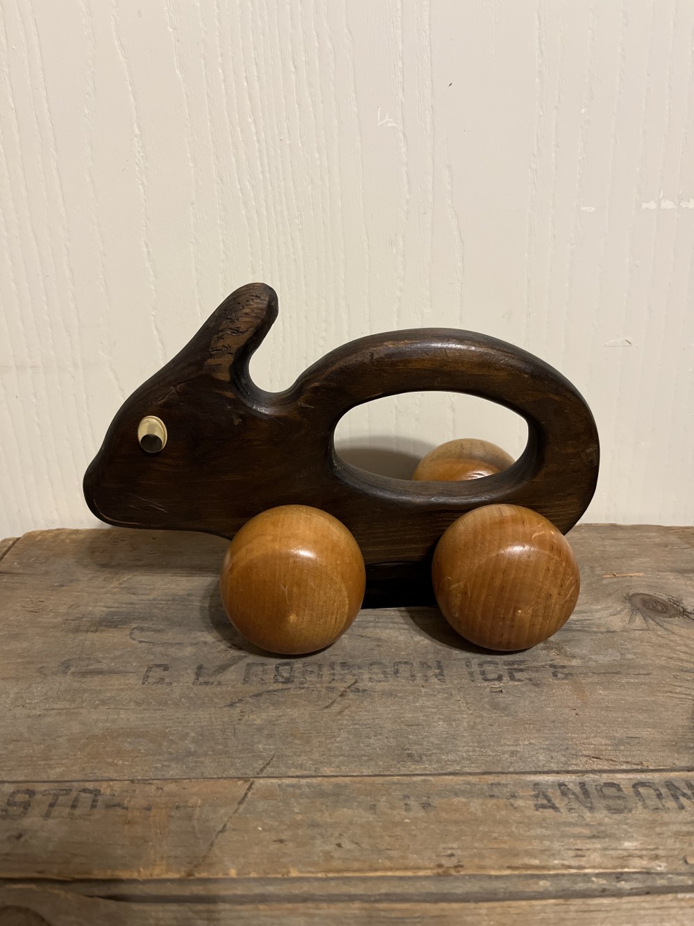 Vtg handmade wood bunny toy