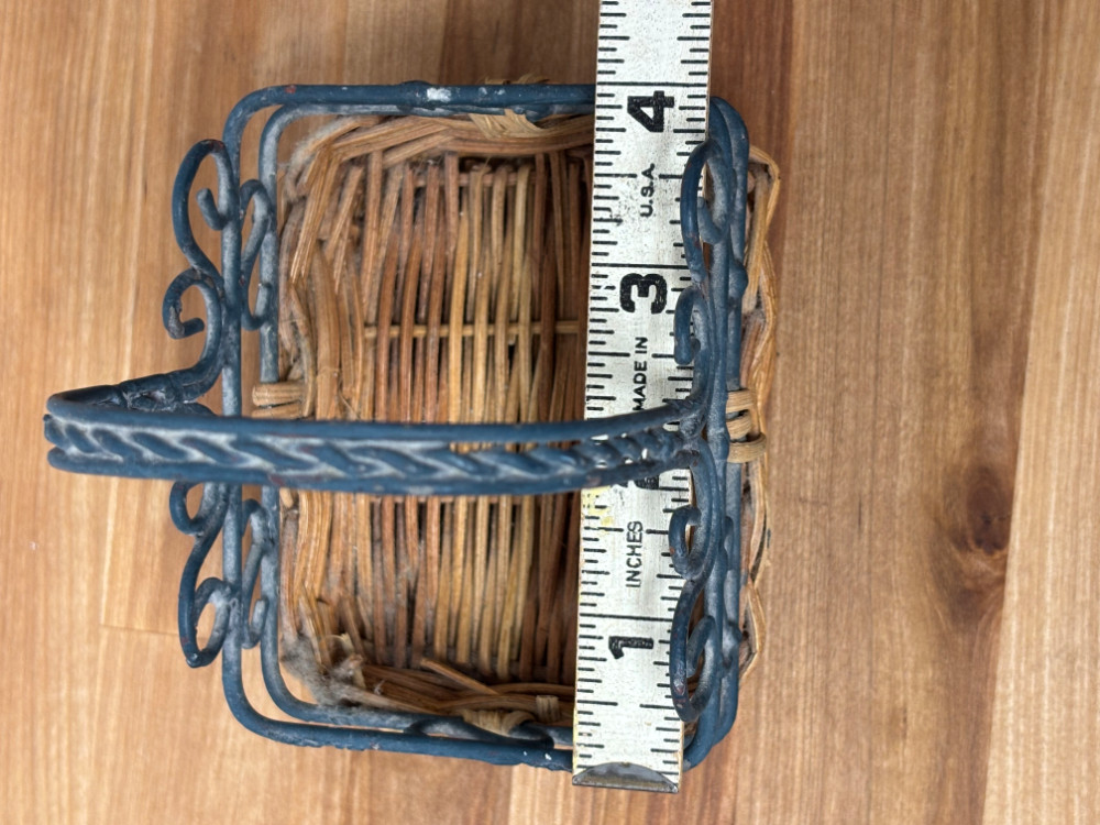 Miniature Wicker Basket with Ornate Metal Scrollwork Handle Rustic Farmhouse Decor