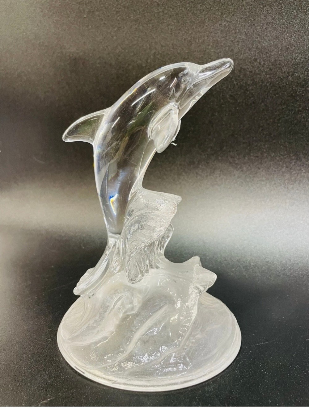 Dolphin Crystal Glass Figurine Leaping Dolphin on Frosted Wave Base Coastal Decor 6.5