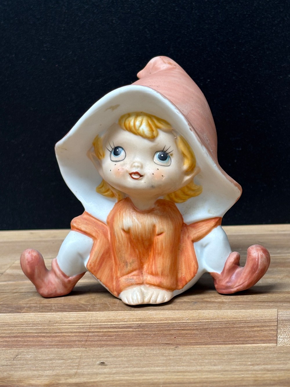 Kitsch Pixie Elf Figurine Orange Homco 5213 Vintage Cottage Big Hat Whimsical