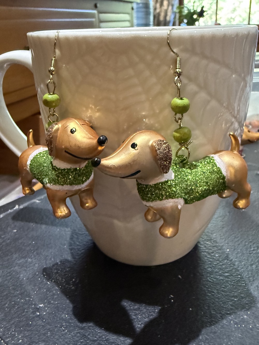 Earrings - Dachshund in Green Glittered Sweater, Doxie, Dog