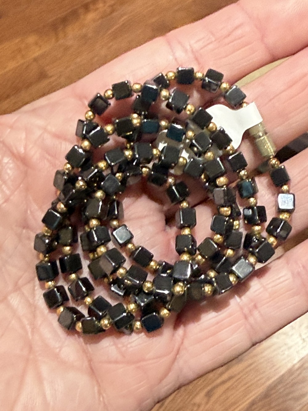 Necklace - Hematite Squares Gold Beads