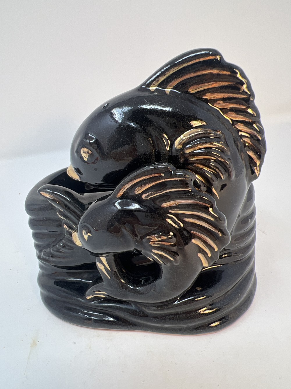 Mid Century Redware Double Fish Gold Trimmed Planter