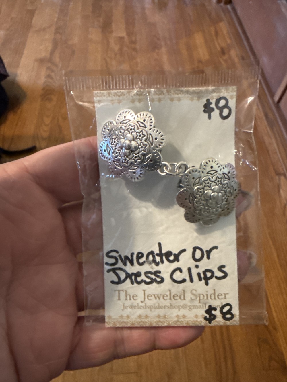 Sweater Clips - Silver toned Floral Medallions